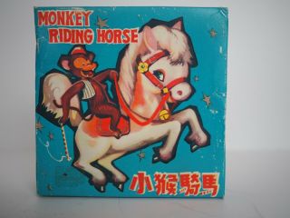Vintage Tin Litho Wind Up Monkey Riding Horse Box Ms 764
