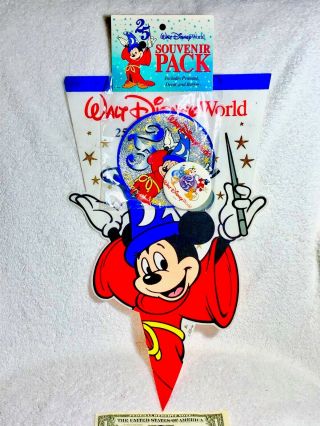 Walt Disney World 25th Anniversary Souvenir Pack Pennant Decal Button Never Open