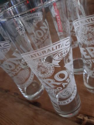 Set Of 6 Perini Nastro Azzurro Beer Glasses 8” Clear Etched Barware Pilsner.  4 l 3