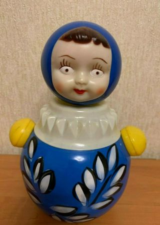 Musical Nevalyashka Celluloid Roly Poly Blue Toy Doll 9 " Vintage Soviet Ussr