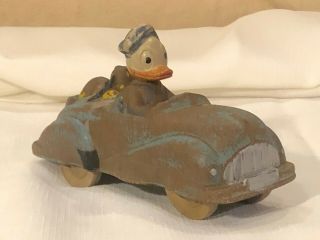Vintage Donald Duck Pluto Toy Car By Sun Rubber,  Blue Car W White Wheels,  6.  5 "
