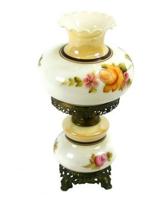 Gone With The Wind Hurricane Lamp,  Hand Painted Pink Yellow Blue Floral Roses