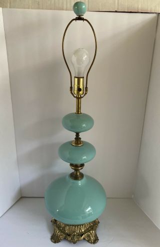 Vintage Ceramic Lamp,  Midcentury Retro Style,  Aqua Blue Green Aged Brass Patina.
