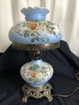 Vintage Large 19 " Tall Gwtw Electric Hurricane Style Lamp Blue Floral,  3way