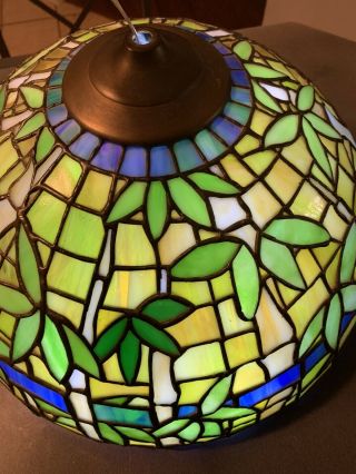 Tiffany Style Stained Glass Table Lamp Shade 16” Wisteria Leaves Green Blue Slag
