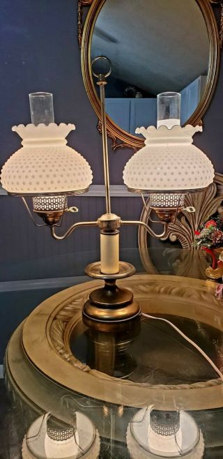 Vintage Double Arm Student Desk Lamp With White Hobnail Hurricane Shades.