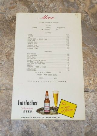 Vintage Horlacher Beer Menu Sheet Allentown,  Pa Label Bottle Pennsylvania