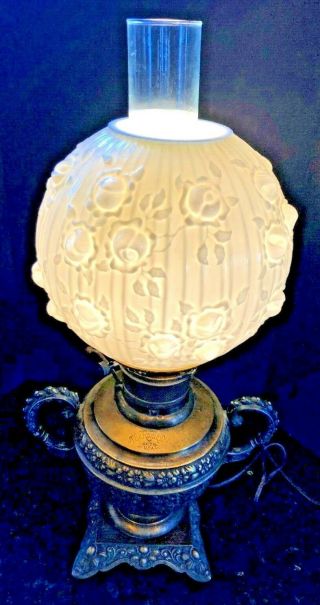 The Rochester Antique Oil Lamp Converted To Electric - Fenton Rose Glass Globe