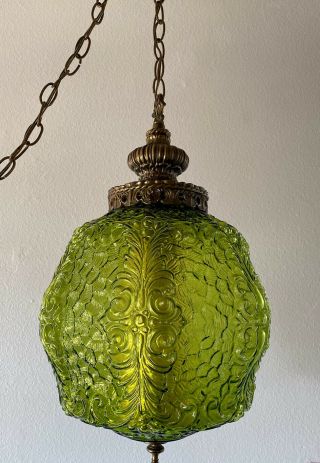 Vtg Large Mid Century Modern Green Glass Swag Hanging Lamp Light W/ Diffuser