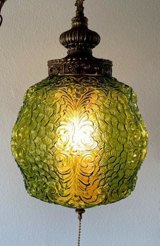 Vtg Large Mid Century Modern Green Glass Swag Hanging Lamp Light w/ Diffuser 2