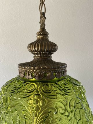Vtg Large Mid Century Modern Green Glass Swag Hanging Lamp Light w/ Diffuser 3