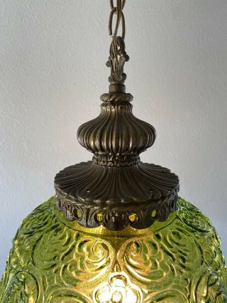 Vtg Large Mid Century Modern Green Glass Swag Hanging Lamp Light w/ Diffuser 4