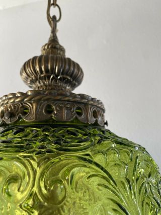 Vtg Large Mid Century Modern Green Glass Swag Hanging Lamp Light w/ Diffuser 5