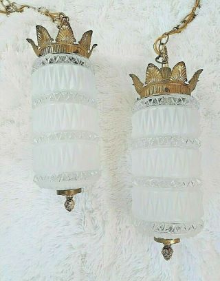 Vintage Double Swag Lamp Hanging Light Cylinder Frosted Glass Hollywood Regency
