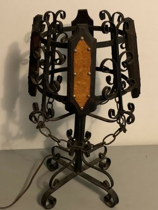 Vintage Wrought Iron Spanish Gothic Table Lamp Yellow Velvet
