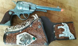 Vtg Tooled Leather Holster&ac Toy Top Gun 38 Cap Gun Cowboy Kids Costume