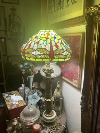 Vintage Tiffany Style Dragonfly Stained Glass Large Lamp Shade And Base Lamp