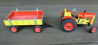 Vintage Tin Toy Wind - Up Tractor & Trailer Zetor W/ Key