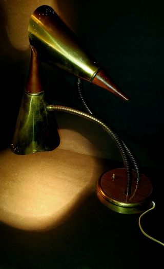 Mid Century Modern Atomic Age Gooseneck Brass And Teak Double Cone Lamp