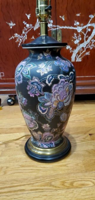 Vintage Frederick Cooper Hand - Painted Porcelain Ginger Jar Lamp Black Floral 31 "