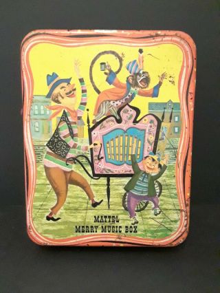 Vintage Mattel Merry Music Box Tin Wind Up Monkey W Organ Grinder Still.