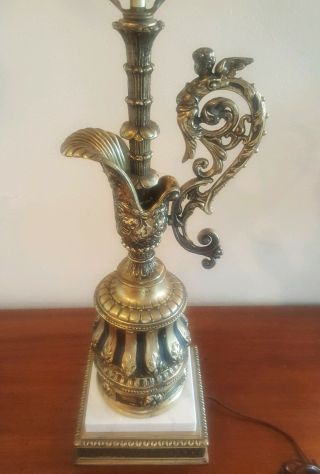 Antique Art Nouveau Brass And Marble Pitcher Lamp Ornate Cherub Handle