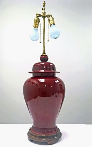 Large Oxblood Red Sang De Boeuf Pottery Ginger Jar Lamp With Wood Base Vintage