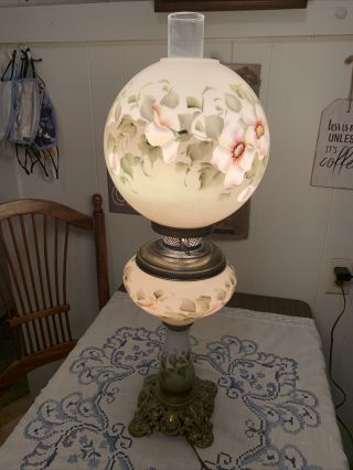 Floral Gwtw Hurricane Table Lamp Pink And Green Hand Painted Flowers