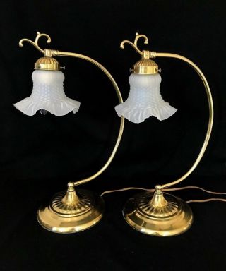 Pair Vintage Swan Neck Brass Table Lamps W Frosted Glass Floral Shades
