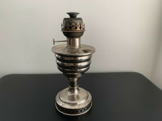 Antique " A.  Geiss & Co.  Chicago " Central Draft Kerosene Nickel Brass Oil Lamp