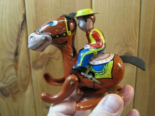 Vintage Mikuni Wind Up Tin Litho Horse Jockey Cowboy Rider Toy Japan Pm3528
