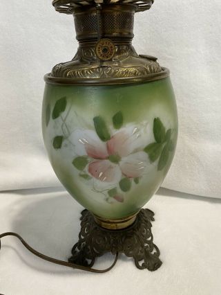 Antique Painted Glass Gwtw Fostoria Oil Lamp Gone With The Wind Electrified