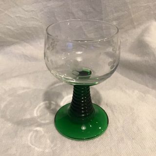 German Roemer Wine Glass,  Grapevine Etching With Green Beehive Stem.  3.  5 In.