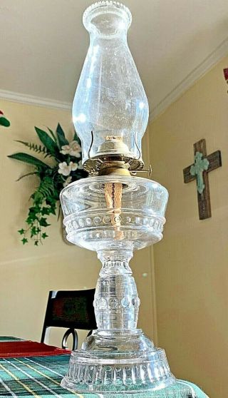 Gorgeous Ca.  1882 Antique Riverside Glass Co.  Beaded Rings Kerosene Oil Lamp
