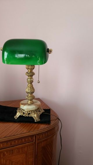 Rare Unique Cast Brass Bankers Lamp Emerald Green Cased Glass Lampshade Must C