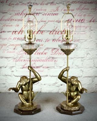 Rare Pair Vintage Monkey Lamps Bronze /brass (very Heavy)