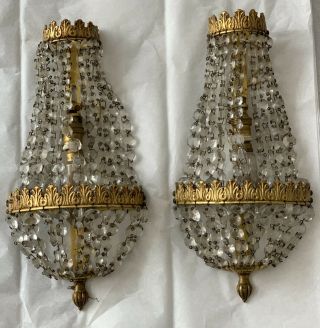 Antique Gilt Bronze Crystal Beaded French Chandelier Wall Sconces Pair Petite
