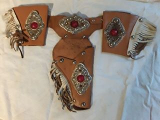 Set Vtg Western Childs Cowboy Wrist Cuffs&holster Leather Fringe Studded Costume