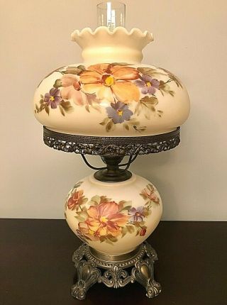 Large Vintage Gwtw Hurricane Lamp Satin Ivory Glass With Flowers Circa 1967