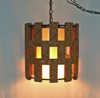 Vtg 60s/70s Mid Century Modern Cork Hanging Swag Lamp Light