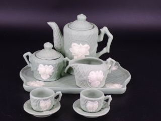 10 - Pc Childs Miniature Tea Set Green Porcelain W/ White Raised Floral Motif