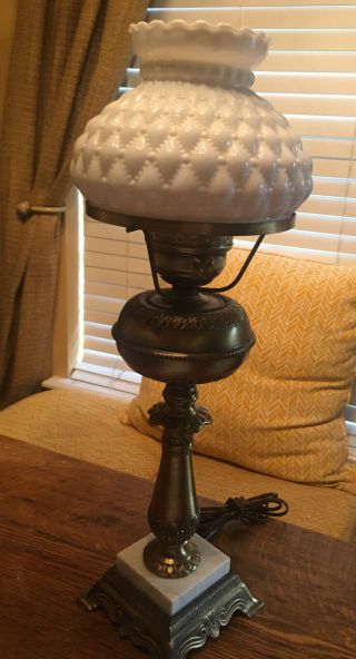 Vintage Brass Hurricane Table Lamp With Hobnail Quilted Milk Glass Shade