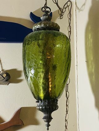 Vintage Swag Green Glass Hanging Light W/ Chain Mid - Century Modern Lamp Pendant