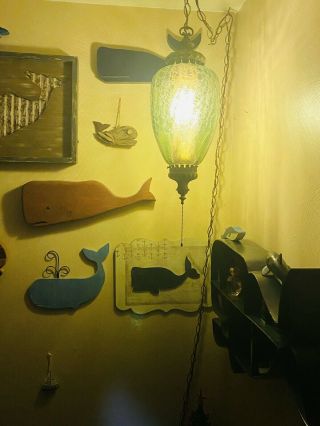 Vintage Swag Green Glass Hanging Light w/ Chain Mid - Century Modern Lamp Pendant 2