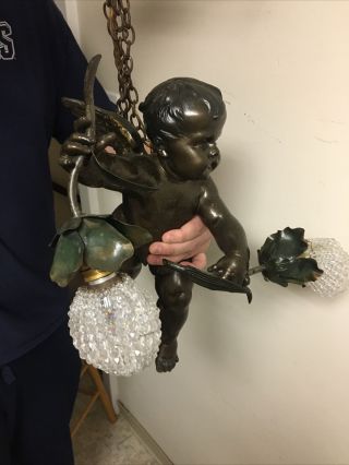 Vintage Art Deco Bronzed Spelter Figural Cherub Putti Chandelier Hanging Light