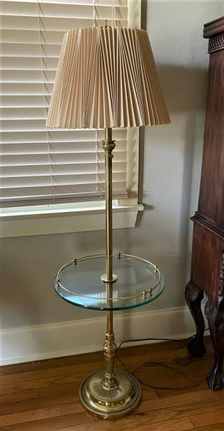 Vintage Mcm Stiffel Brass Floor Lamps W/ Glass Table & Pleated Shade