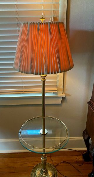Vintage MCM Stiffel Brass Floor Lamps w/ Glass Table & Pleated Shade 6