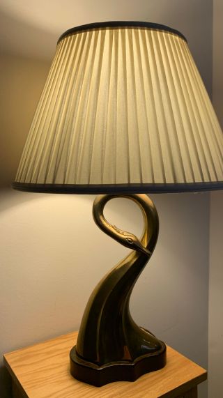Stunning Frederick Cooper Brass Swan Lamp With Wood Base
