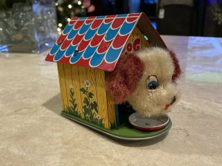 Vintage Wind - Up Tin Toy Dog In Doghouse Made In Japan