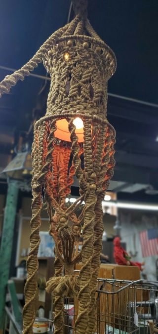 Vintage Macrame Hanging Lamp Lantern Plug In Macrame Enclosed Cord